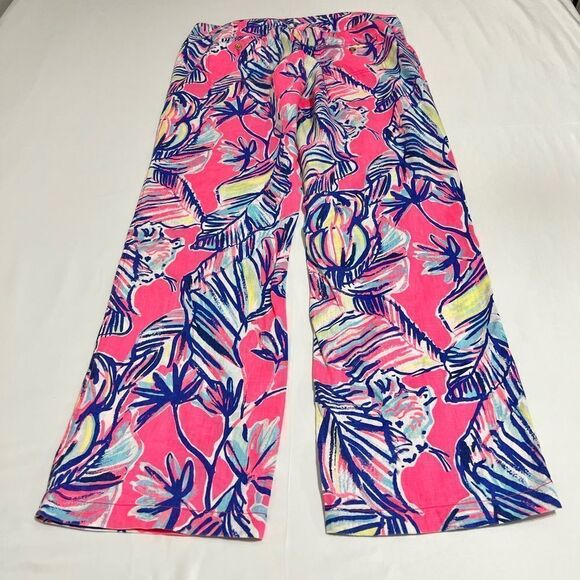Lily Pulitzer Pants Pink Linen Galley Pants In Tiki Print Size 14 - Picture 6 of 14